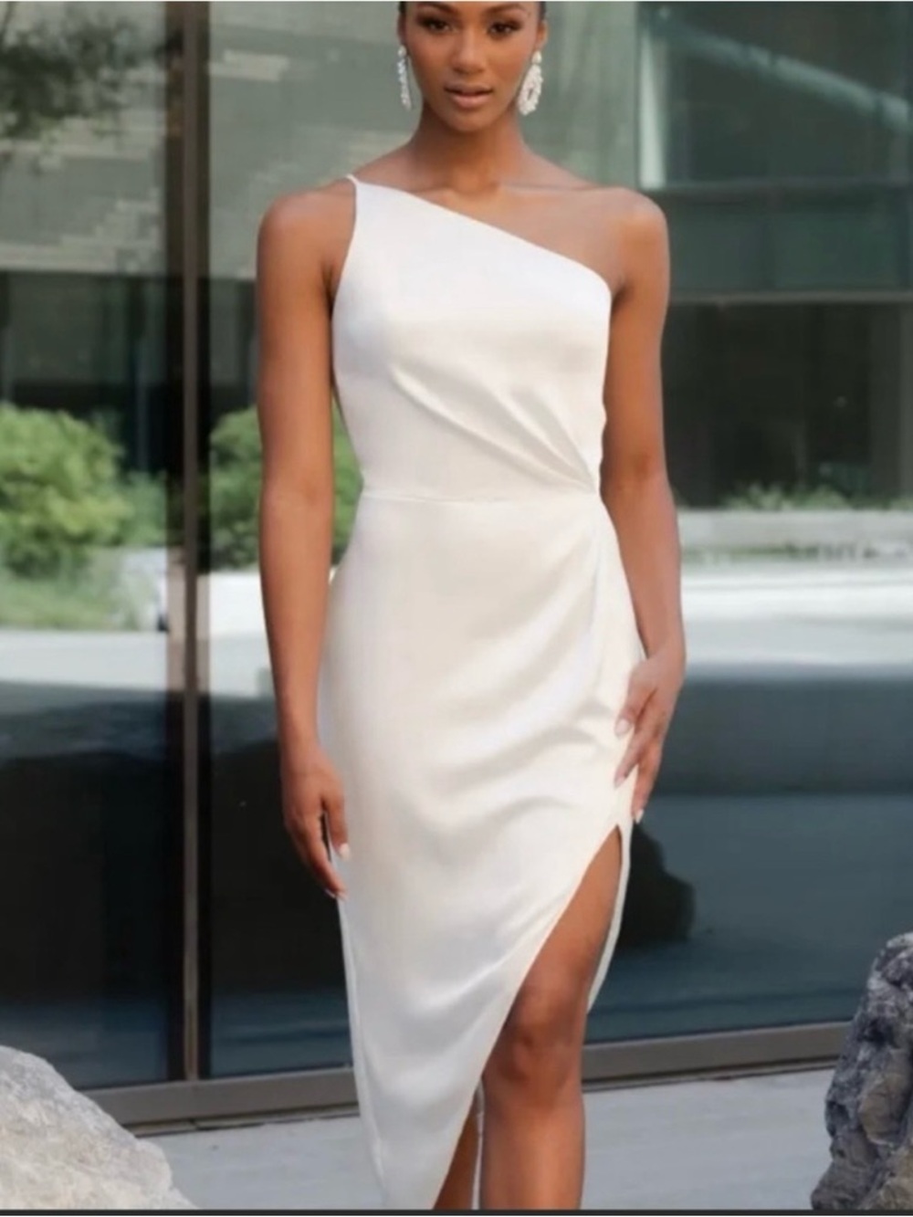 Jenny Yoo Calla One-Shoulder White Draped Asymmetric Sheath Dress Size 2
